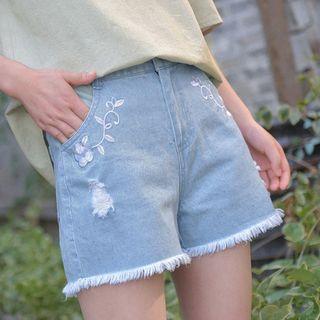 Embroidered Frayed Hem Denim Shorts