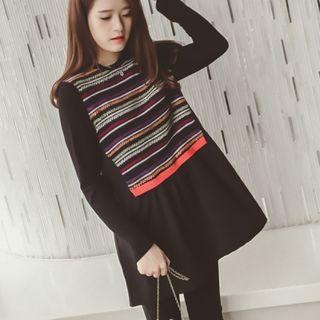 Stripe Panel Long-sleeve Dress