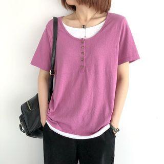 Short-sleeve Mock Two-piece Henley T-shirt