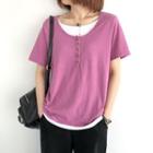 Short-sleeve Mock Two-piece Henley T-shirt