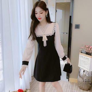 Mock Two-piece Puff-sleeve Lace Collar Paneled Dress