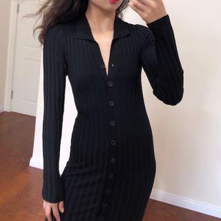 Plain Single-breasted Long-sleeve Slim-fit Knit Dress