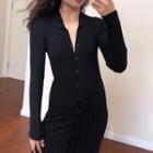 Plain Single-breasted Long-sleeve Slim-fit Knit Dress