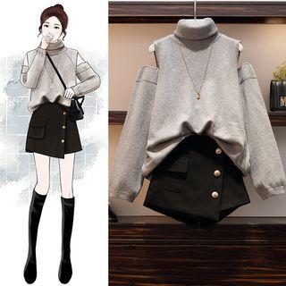 Set: Turtleneck Cut-out Sweater + Button Mini Skirt