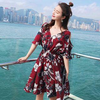 Leaf Print Cut Out Shoulder Elbow Sleeve Dress