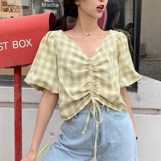 Drawstring Color Block Puff-sleeve Crop Top