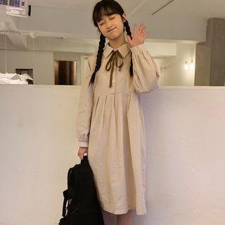 Long-sleeve Detachable Ribbon Midi Shirt Dress