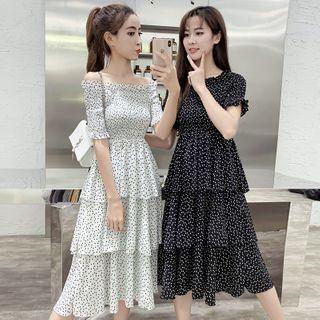 Dotted Off-shoulder Short-sleeve Layered Midi A-line Dress