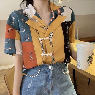 Short-sleeve All-over Print Open-collar Shirt As Shown In Figure - One Size