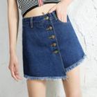 Fray Hem Button-front Denim A-line Skirt