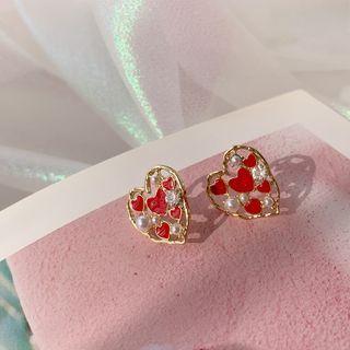 Faux Pearl Heart Stud Earring 1 Pair - 925silver Earring - One Size