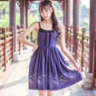 Set: Printed Spaghetti Strap A-line Dress + Lace Trim Elbow-sleeve A-line Dress