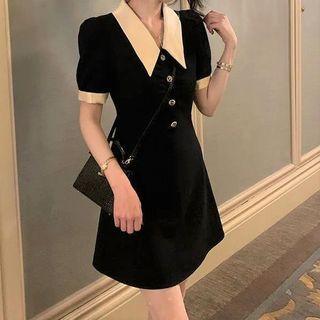 Puff Sleeve Peter Pan Collar Contrast Trim Mini Shirtdress
