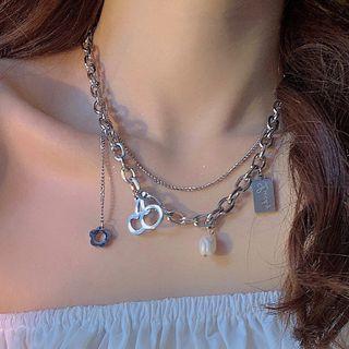 Faux Pearl Alloy Pendant Layered Necklace 1 Piece - Necklace - Silver - One Size