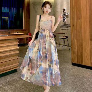 Spaghetti-strap Asymmetric Printed Dress