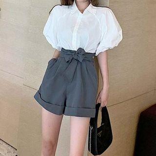 Set: Puff Sleeve Plain Shirt + Paperbag A-line Shorts