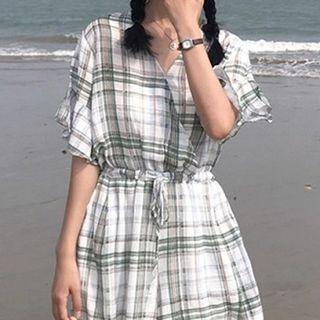 Plaid Elbow-sleeve Playsuit