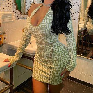 Long Sleeve Halter Neck Off Shoulder Floral Print Sheath Mini Dress