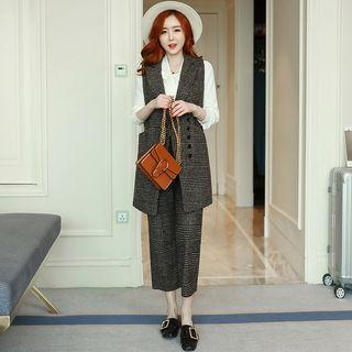 Set: Plaid Long Sleeveless Blazer + Wide Leg Cropped Pants