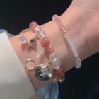 Faux Crystal Bead Shell & Flower Bracelet 2 Pcs - White & Gold & Pink - One Size