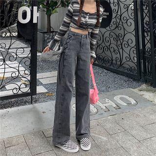 High-waist Straight-cut Lace Up Jeans