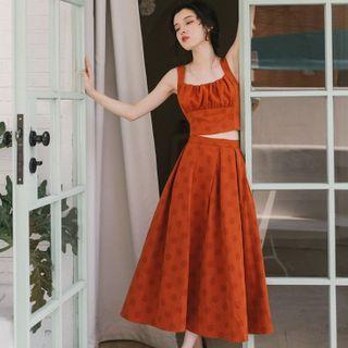 Set: Sleeveless Dotted Top + Midi A-line Skirt