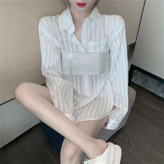 Striped Shirt / Rhinestone Cropped Camisole Top