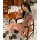 Short-sleeve Patterned Knit Mini Polo Dress Coffee & Beige - One Size