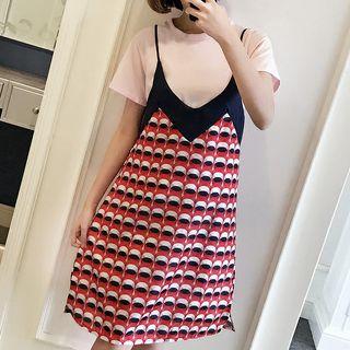 Set: Short-sleeve T-shirt + Patterned Spaghetti Strap Dress