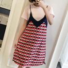 Set: Short-sleeve T-shirt + Patterned Spaghetti Strap Dress