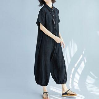 Short-sleeve Wide-leg Jumpsuit Black - One Size