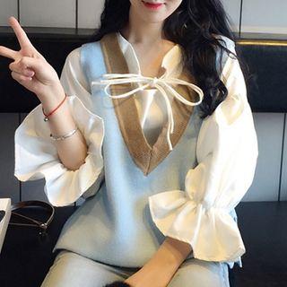 Plain Chiffon Puff-sleeve Blouse/color-block V-neck Knit Vest