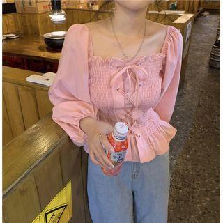 Puff-sleeve Off-shoulder Ruffle Trim Lace-up Top