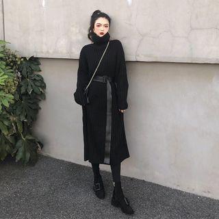 Mock-neck Plain Stripe Sweater Dress