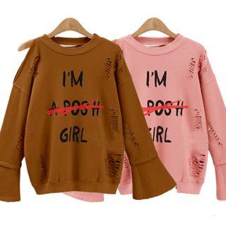 Distressed Letter Bell-sleeve Top