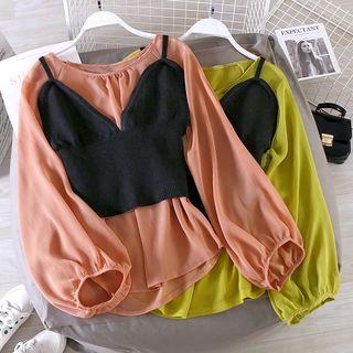 Set: Lantern-sleeve Blouse + Knit Camisole