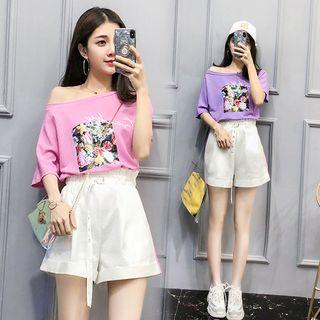 Set: Floral Print Elbow Sleeve T-shirt + Wide Leg Shorts