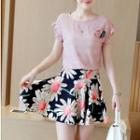 Set: Short Sleeve Plaid Chiffon Top + Floral Print A-line Skirt