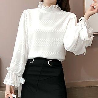 Crochet Trim Balloon-sleeve Dotted Blouse