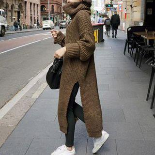 Turtleneck Split-side Long Sweater Dark Brown - One Size