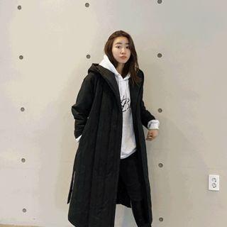 Hooded Puffer Coat With Sash Black - One Size