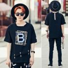 Printed Safety Pin Detail Elbow Sleeve T-shirt