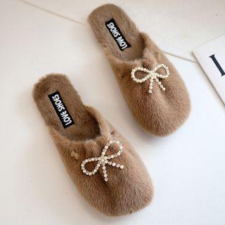 Beaded Bow Fluffy Slippers