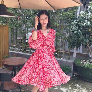 Printed Bell-sleeve Midi A-line Dress