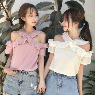 Short-sleeve Cold Shoulder Frilled Chiffon Top