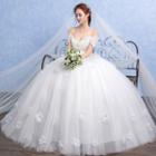 Flower Applique Off-shoulder Trained Wedding Ball Gown