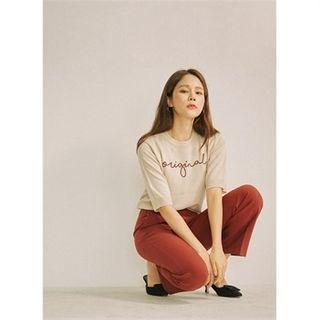 Elbow-sleeve Letter Embroidered Knit Top