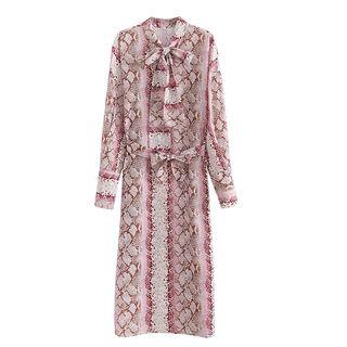 Long-sleeve Snake Skin Print Midi A-line Dress