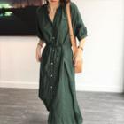 Elbow-sleeve Stand Collar A-line Midi Shirtdress