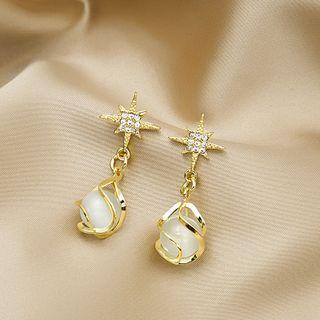 Star Rhinestone Cat Eye Stone Dangle Earring E2975 - 1 Pr - Gold - One Size